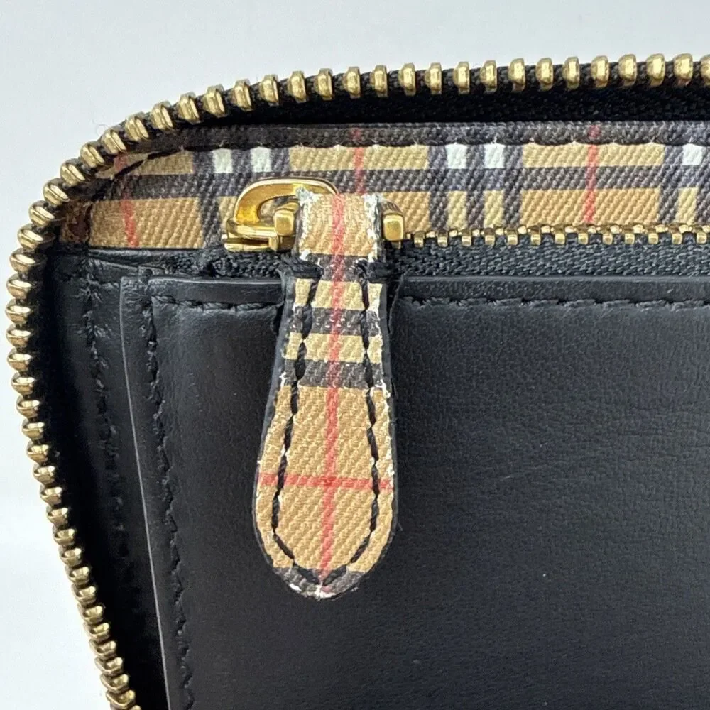 VTG Burberry Zip Around Wallet Clutch Black Leather House Check Canvas Preppy